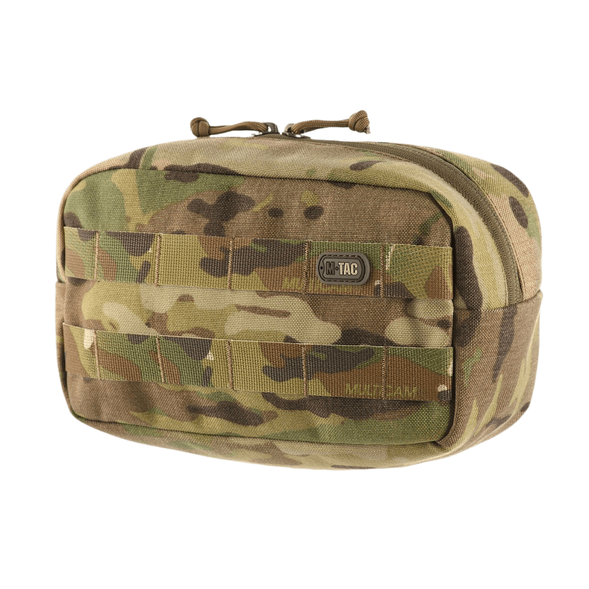 M-Tac Horisontal Utility Taske i camouflage farver til MOLLE system, ideel til friluftsliv og opbevaring af småting eller medicinsk udstyr.