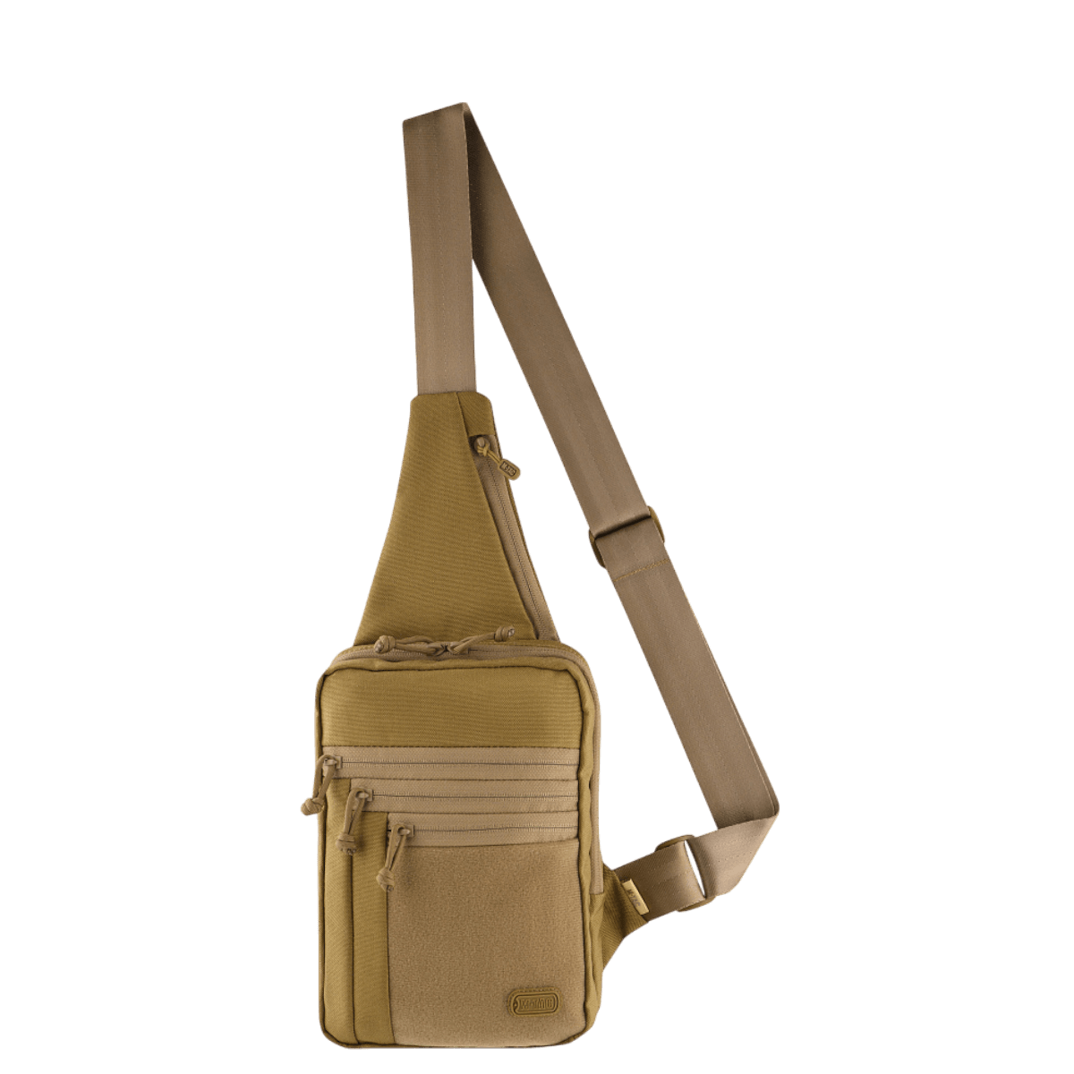 M-Tac Carry Sling Taske Elite Gen.IV med Velcro, designet til skjult bæring af våben, justerbar rem og fem rum, brun farve.