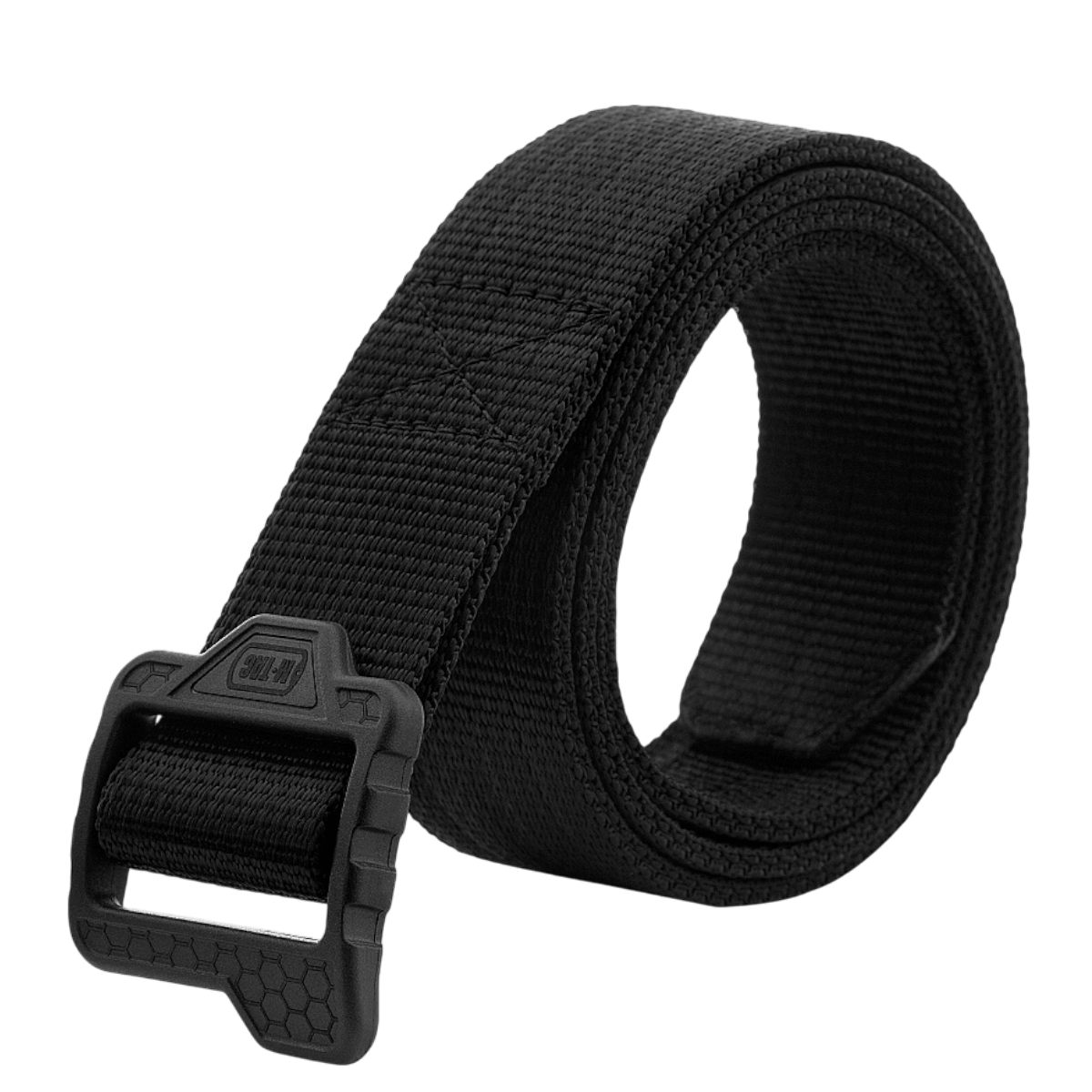 M-Tac Double Duty Taktisk Bælte Hex i sort nylon, designet til daglig og taktisk brug, perfekt til holsters og lommer. Robust og slidstærkt materiale.