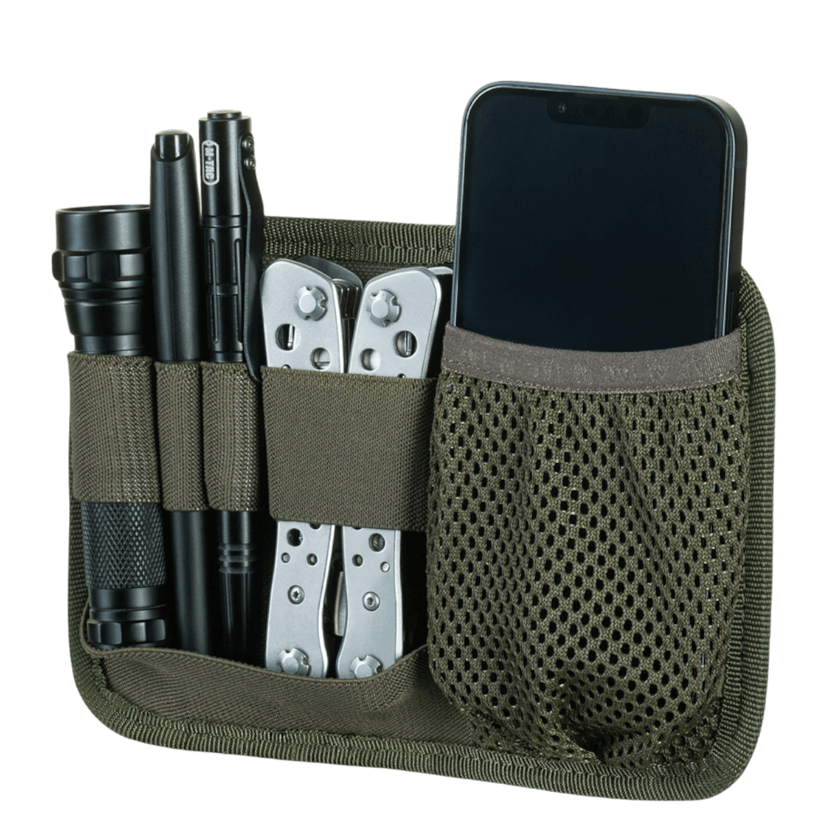 M-Tac Hook & Loop Low Profile Admin Panel med moduler til pen, lommelygte, multitool og telefon til effektiv opbevaring.