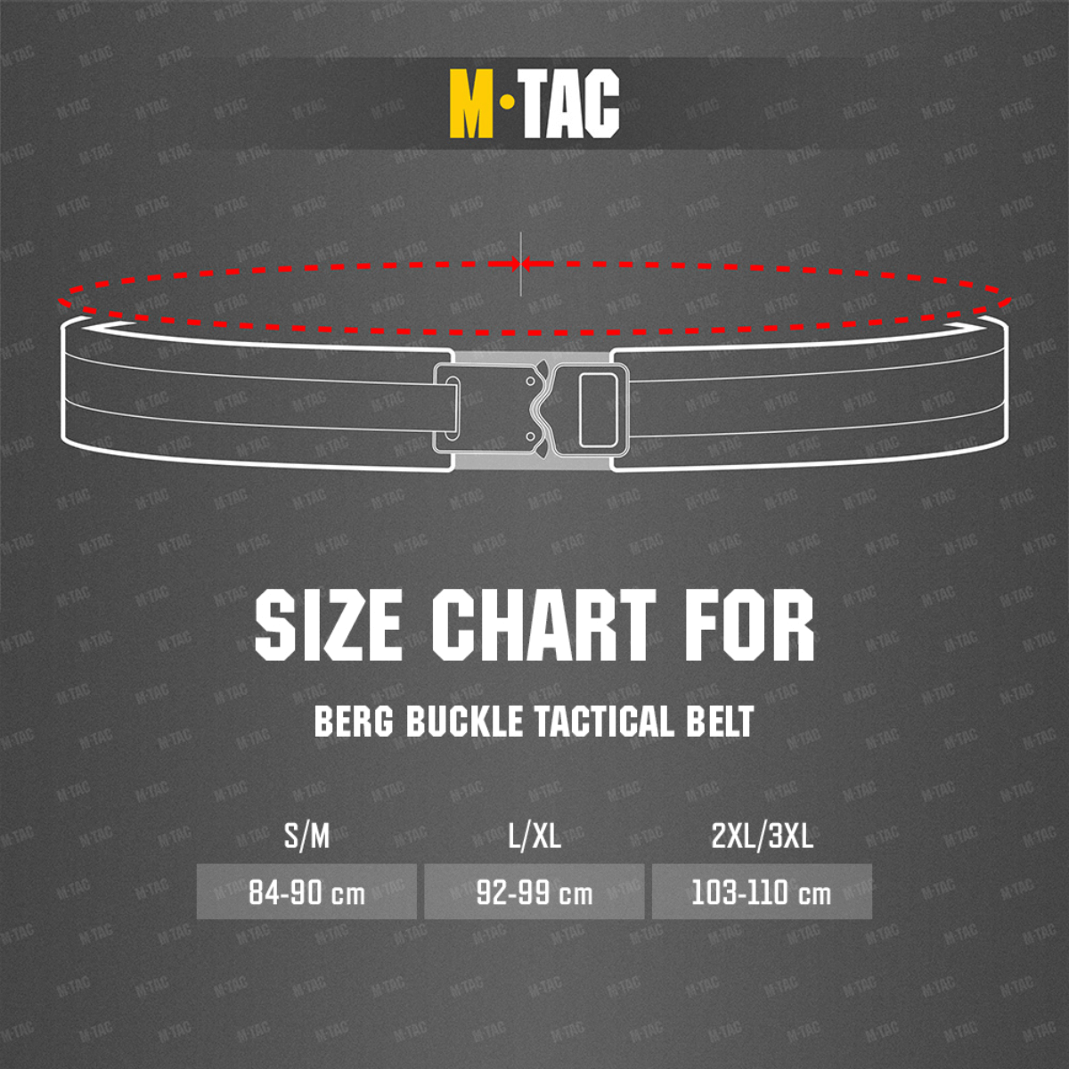Størrelsesguide for M-Tac Berg Buckle Taktisk Bælte med målinger tilgængelige for S/M, L/XL, 2XL/3XL.