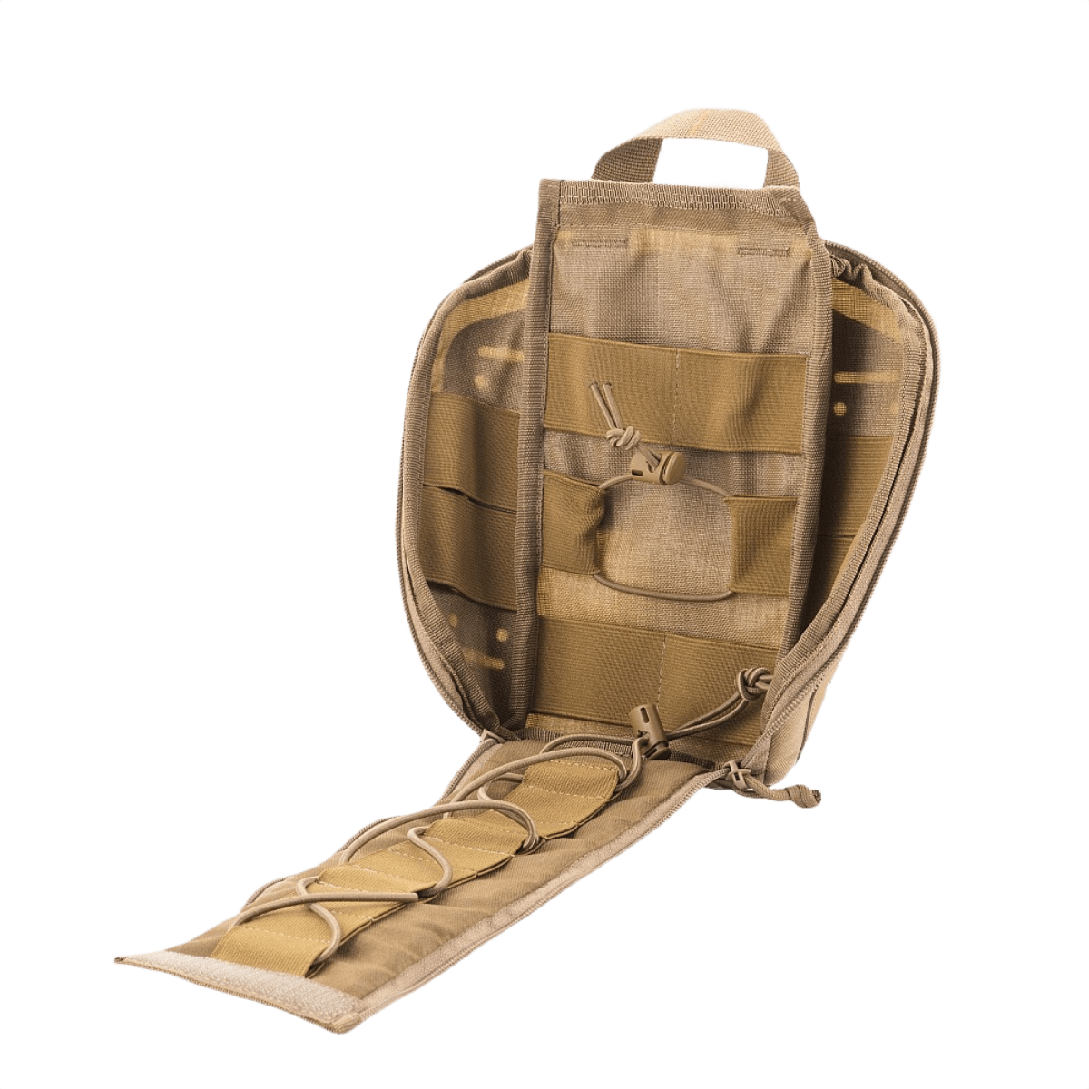 M-Tac Medical Pouch Elite Rip Off taktisk førstehjælpstaske åben med elastiske stropper for nem organisering af medicinsk udstyr.