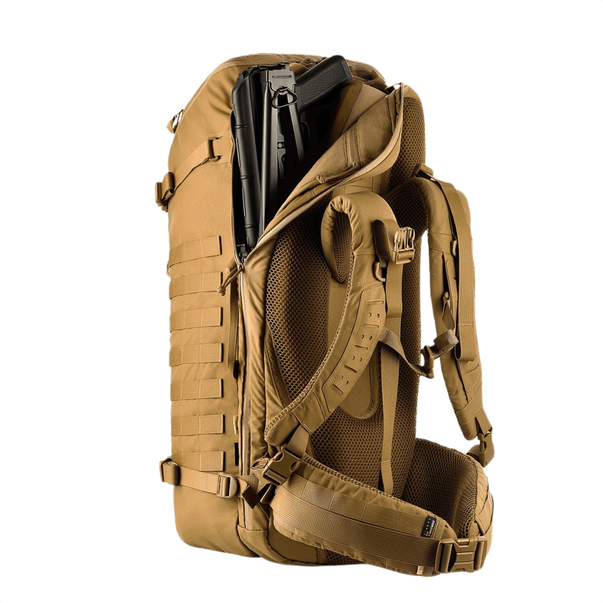 M-Tac Rygsæk Gen.II Elite Large i tan med våbenrum og ergonomiske stropper, fremstillet af slidstærk Cordura 330D og 1000D materiale.