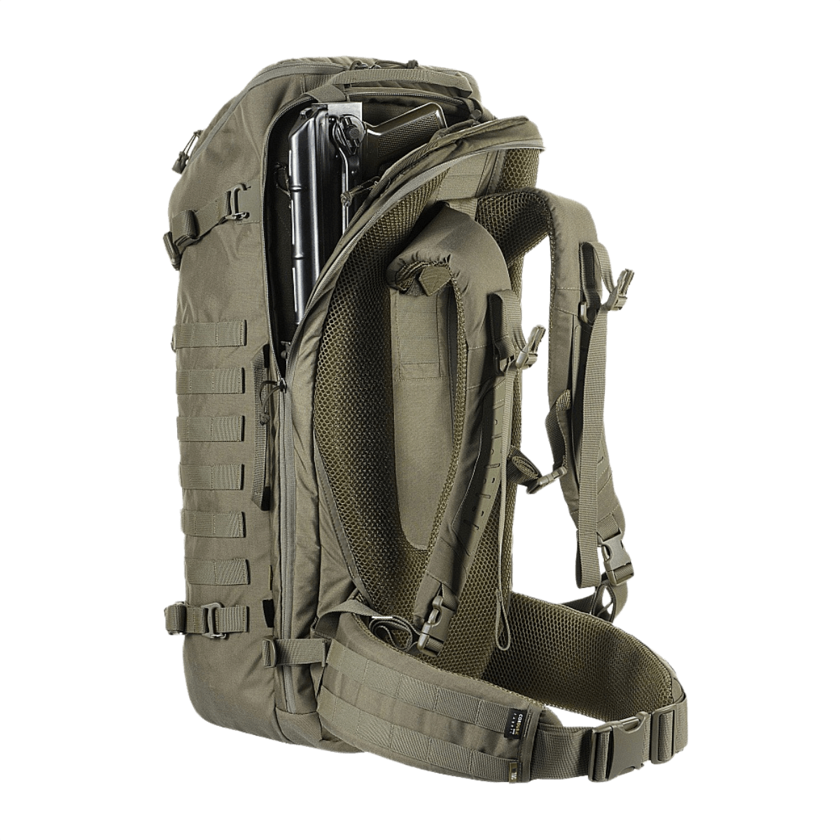 M-Tac Rygsæk Gen.II Elite Large i militærgrøn viser robust design og rummelighed med våbenhylster, ideel til taktisk brug. Cordura materiale forstærket.