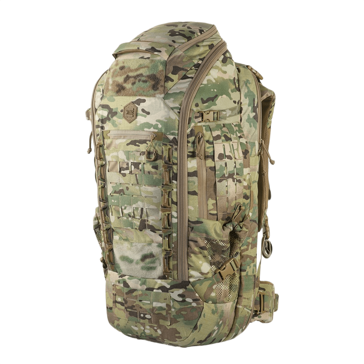 M-Tac Rygsæk Large Gen.IV Elite i camouflagemønster til udendørs eventyr og transport af udstyr og våben, lavet af holdbart Cordura materiale.