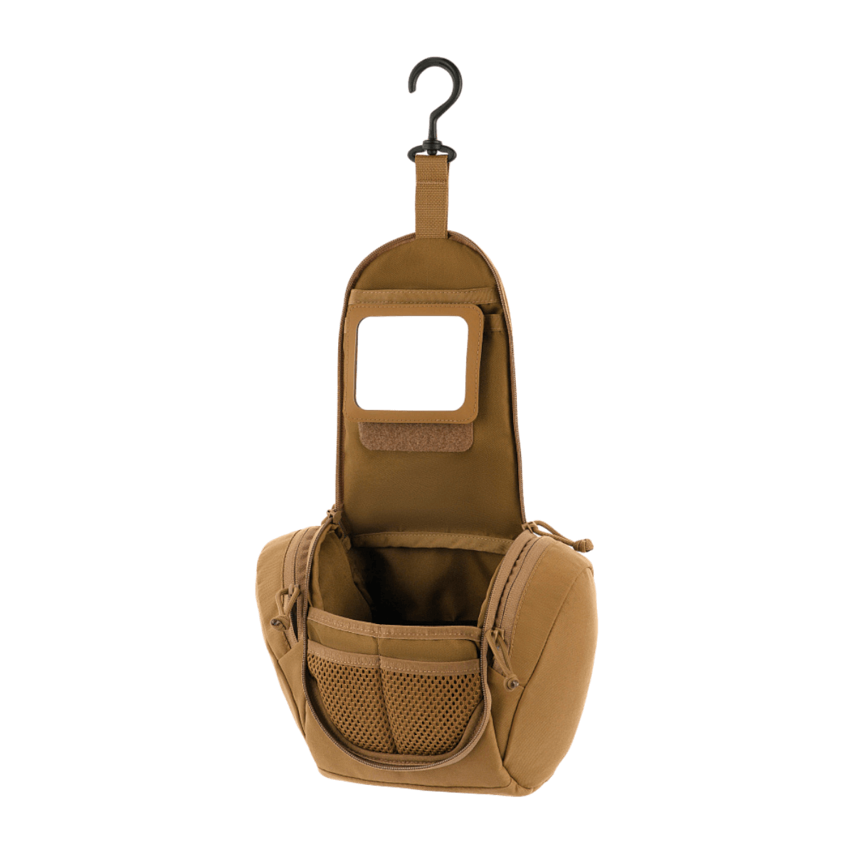 M-Tac Toilettaske Elite Gen.II i beige, fremvist åben med kroge til ophæng, designet til hygiejneartikler og småting, kompakt og praktisk.