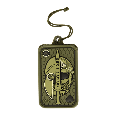 M-Tac Badge Holder – ID-kort och patch med paracord och taktisk design i olivgrön plast med 'Molon Labe'-tryck.