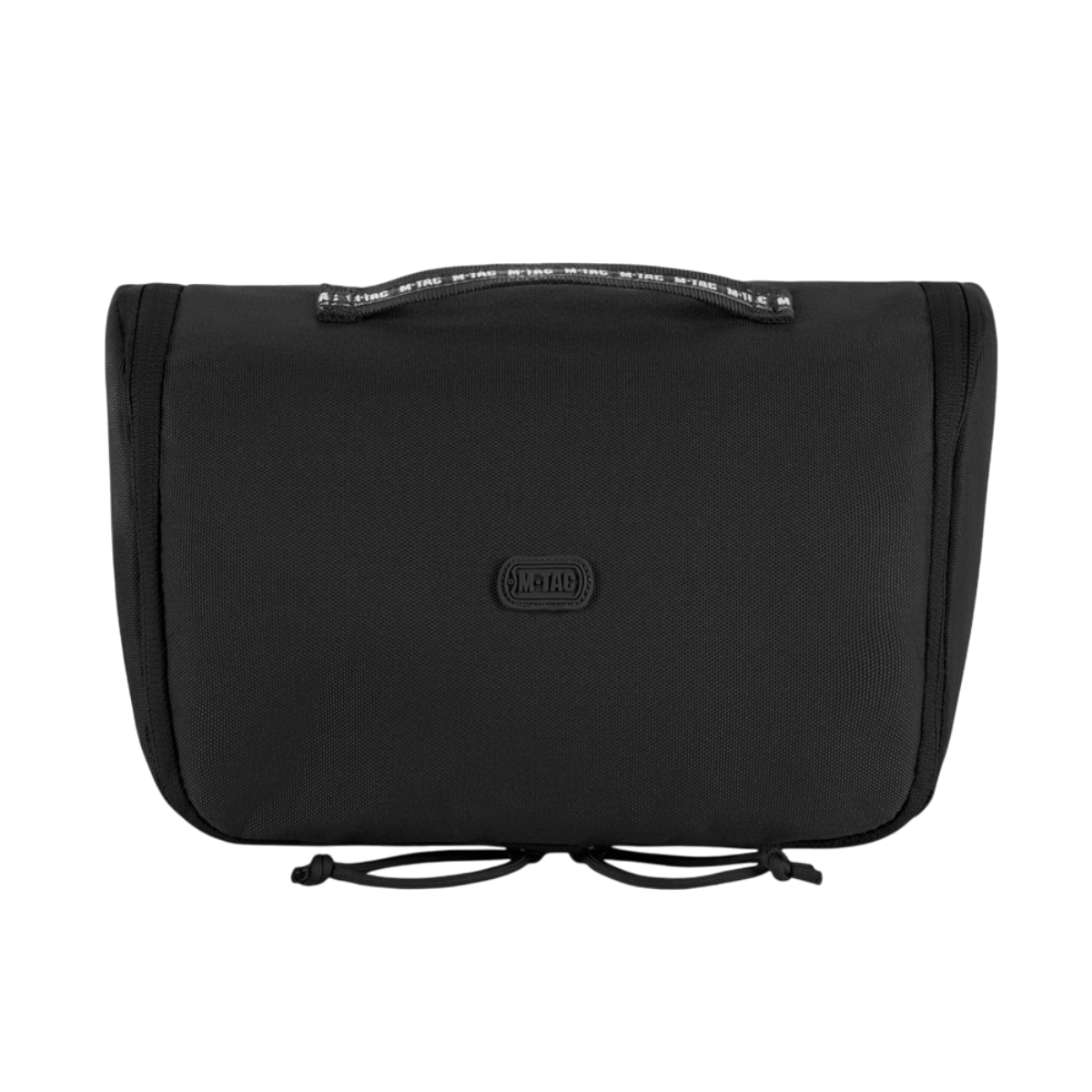 Sort M-Tac Toilettaske i slidstærk, vandafvisende 600D polyester med PVC-belægning, ideel til opbevaring af hygiejneartikler.