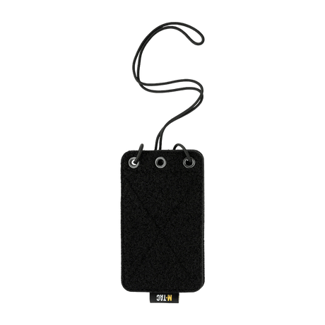M-Tac taktisk ID-korthållare med snöre i robust Cordura, svart design, med transparent fönster och halsrem, lämplig för taktisk användning.