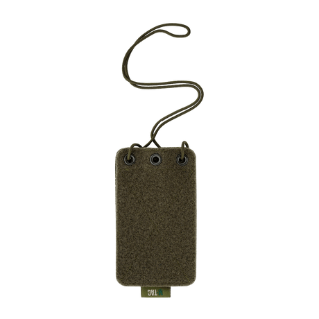 M-Tac taktisk ID-korthållare med snöre i slitstarkt Cordura-material, lämplig för militär och polis, med transparent fönster och dubbelkonstruktion.