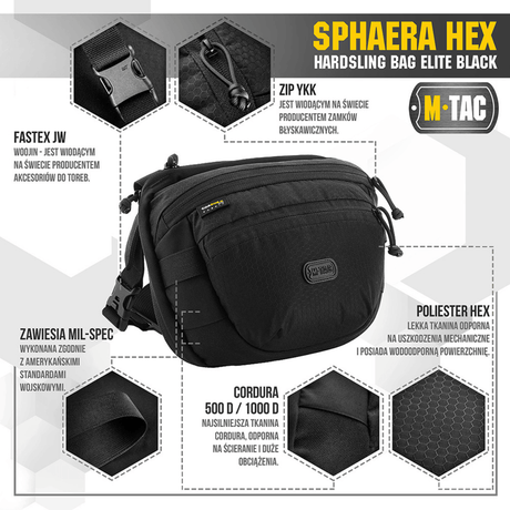 M-Tac Sphaera Hex Hardsling Bag i svart med modulärt system och dolt vapenfack, tillverkad av Cordura/Hex polyester, med dragkedjor och fastex fittings.
