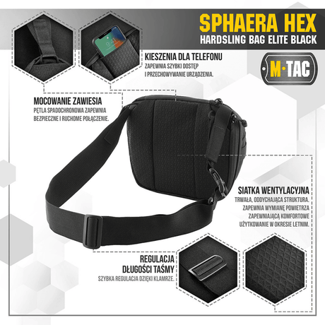 Svart M-Tac Sphaera Hex Hardsling Bag med telefonficka, ventilerad nätrygg och modulära fittings, idealisk för bekväm bärning.