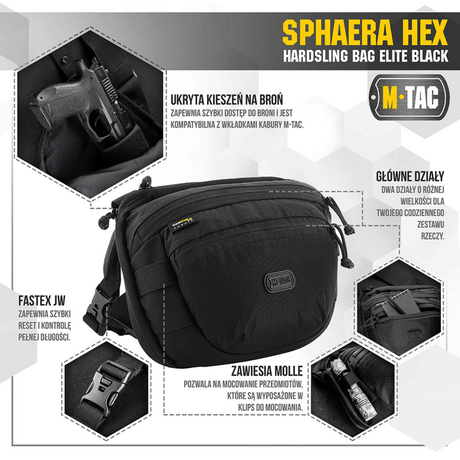 M-Tac Sphaera Hex Hardsling Bag i svart med dolt vapenfack och modulsystem, tillverkad av robust Cordura/Hex polyester.