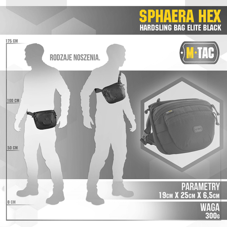 M-Tac Sphaera Hex Hardsling Bag, kompakt axel- eller bältesväska med modulärt system och dolt vapenfack, svart design.