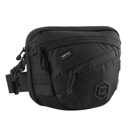 M-Tac Sphaera Hex Hardsling Taske Gen.II Elite i svart Cordura-material med justerbar axelrem och dragkedja för dold förvaring.