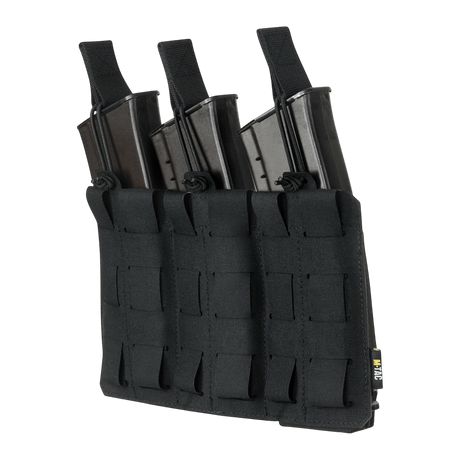 M‑Tac Elastisk Triple Magazine Pouch Elite i svart med plats för tre AK/AR-magasin, tillverkad av robust Cordura 500D med MOLLE Laser Cut. Kompakt design.