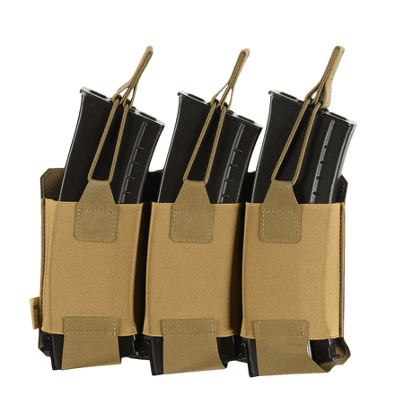 M‑Tac Elastisk Triple Magazine Pouch Elite i beige, rymmer tre magasin, designad för säker förvaring och snabb åtkomst i fält.