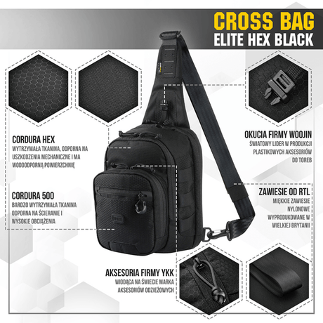 M-Tac Cross Bag Elite Hex i svart, Cordura 500-material, perfekt för daglig användning och taktisk utrustning, med MIL-SPEC-fästen och YKK-dragkedjor.