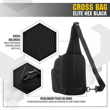 M-Tac Cross Bag Elite Hex, svart slingpack för ena axeln, tillverkad av Cordura 500, perfekt för daglig användning och taktisk utrustning.