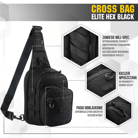 M‑Tac Cross Bag Elite Hex, en praktisk slingpack i svart med MIL-SPEC-remmar och YKK-dragkedjor, idealisk för daglig användning och taktisk utrustning.