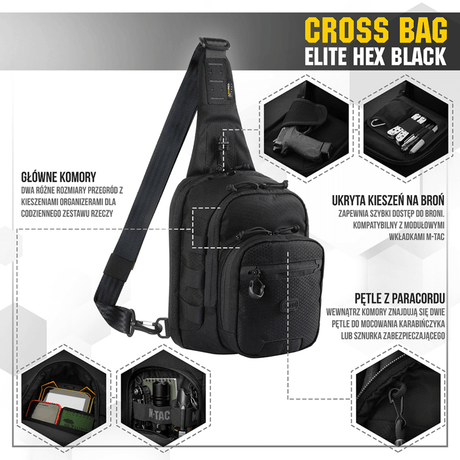 M‑Tac Cross Bag Elite Hex i svart med justerbara remmar och flera förvaringsfack för daglig användning och utrustning.