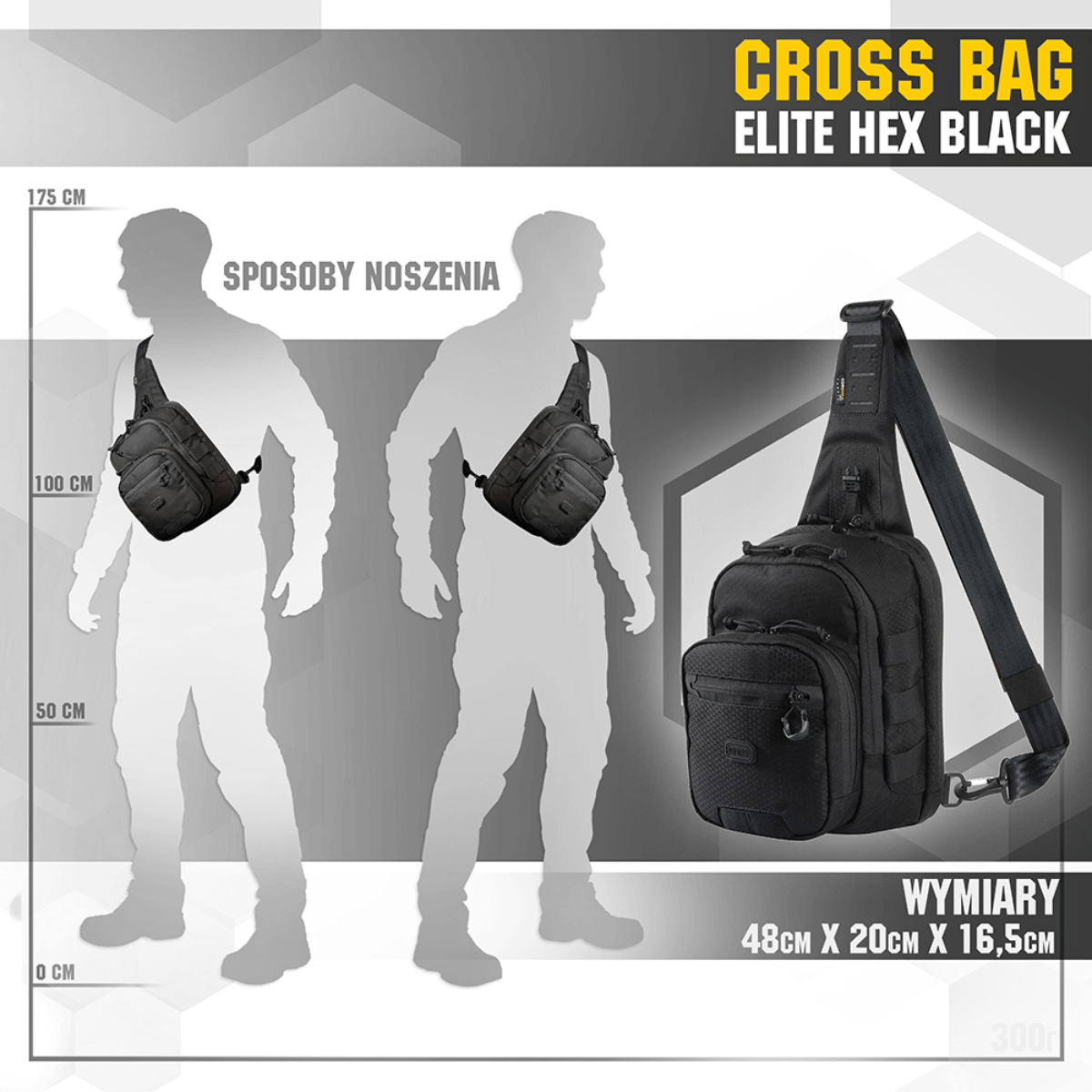 M‑Tac Cross Bag Elite Hex i sort med dimensioner 48x20x16,5 cm. Perfekt som sling pack med taktisk design.
