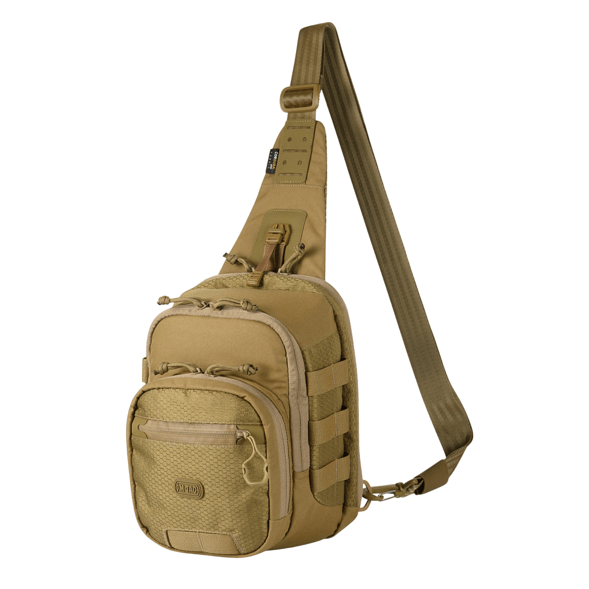 M‑Tac Cross Bag Elite Hex i Cordura 500, praktisk sling pack til daglig brug og taktisk udstyr, volumen 5 liter, beige farve.