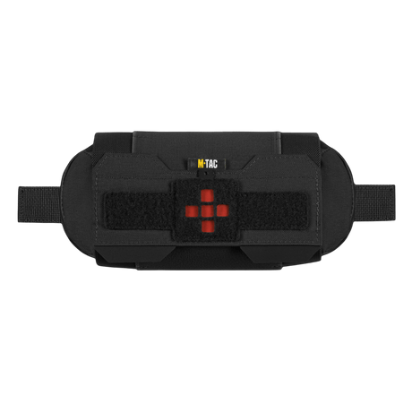 M‑Tac Horizontal Medical Pouch Elite i svart med röda korsmärken, Cordura 500D-material för fältförsta hjälpen.