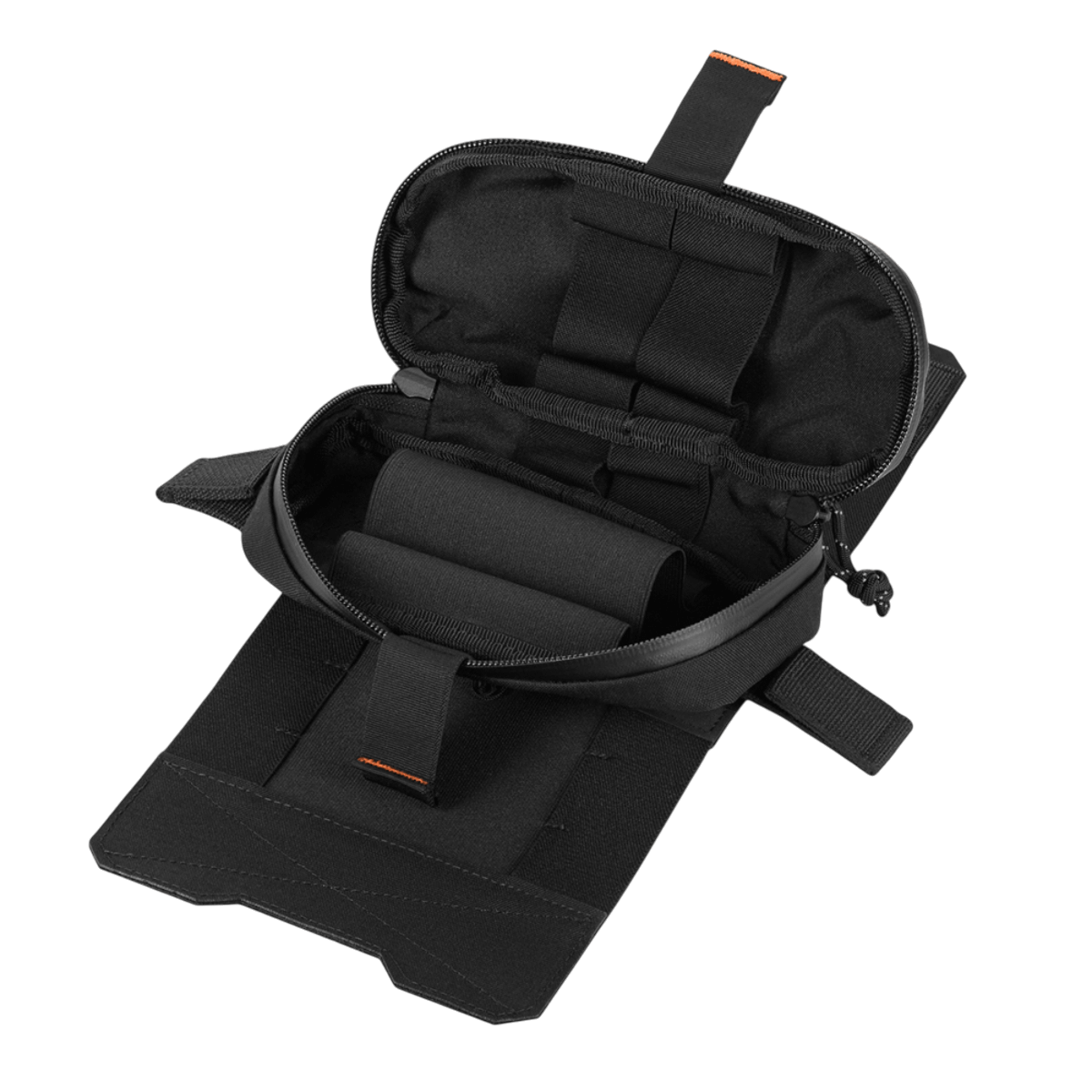 M-Tac Horizontal Medical Pouch Elite i sort farve med åben organizer og vandtæt lynlås, perfekt til IFAK og feltudstyr.