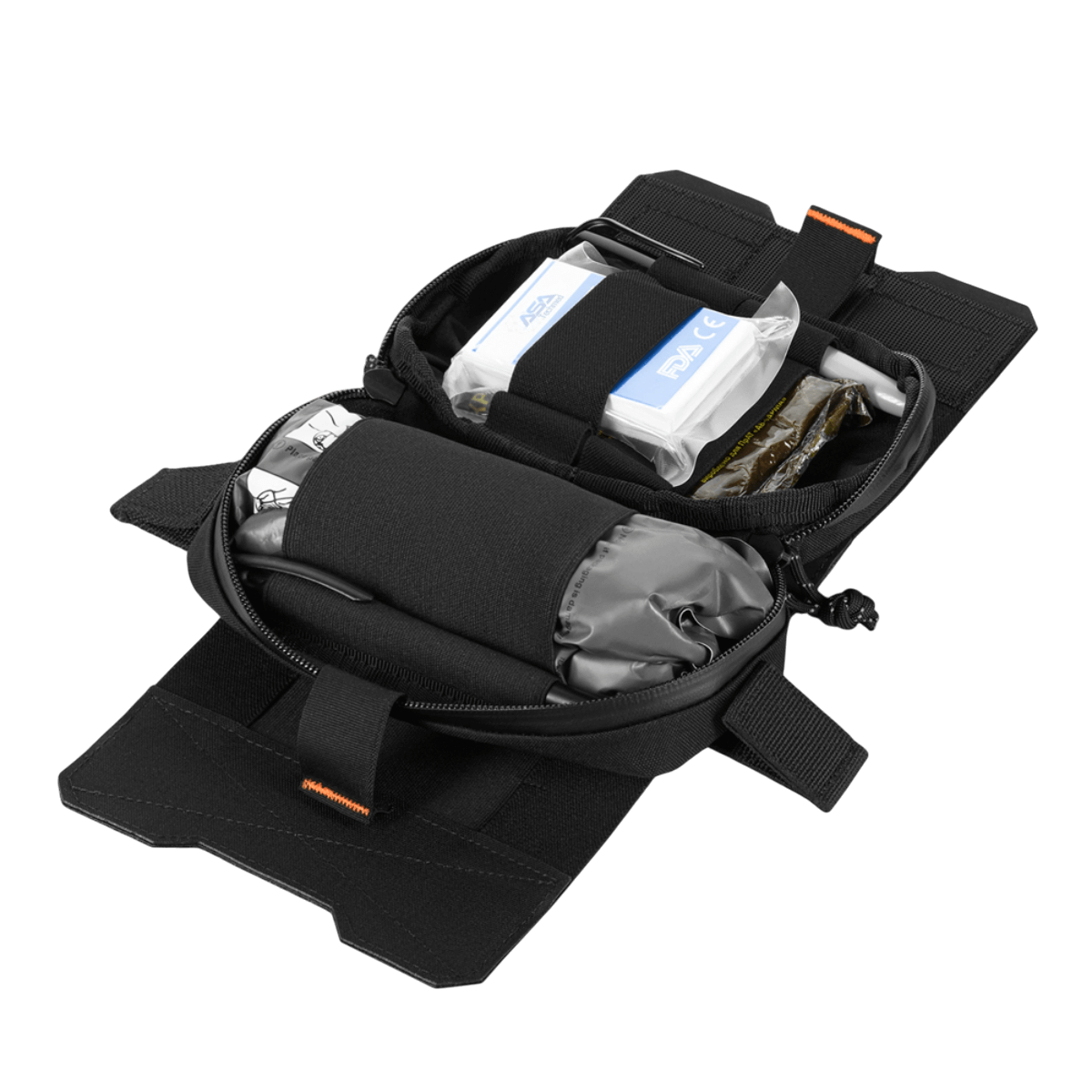 M‑Tac Horizontal Medical Pouch Elite åben med organiseret førstehjælpsudstyr, ideel til brug i felten. Robuste materialer og vandtæt lynlås.