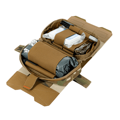 M-Tac Horizontal Medical Pouch Elite med organizer, öppnad vy med första hjälpen-innehåll, Cordura 500D material, militärt fältkit.
