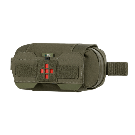 M‑Tac Horizontal Medical Pouch Elite i olivgrönt Cordura 500D-material med YKK AquaGuard-lynlås, sedd från sidan.