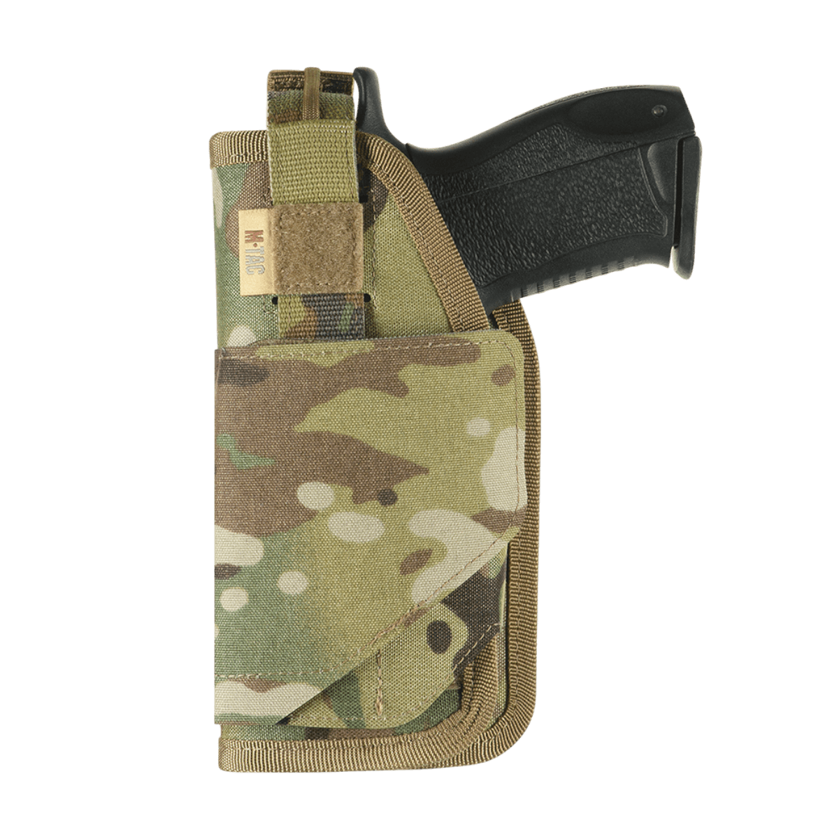 M-Tac Universal Taktisk Hylster Elite Venstre med camouflage-design og justerbar strop til forskellige pistoler, set fra siden.