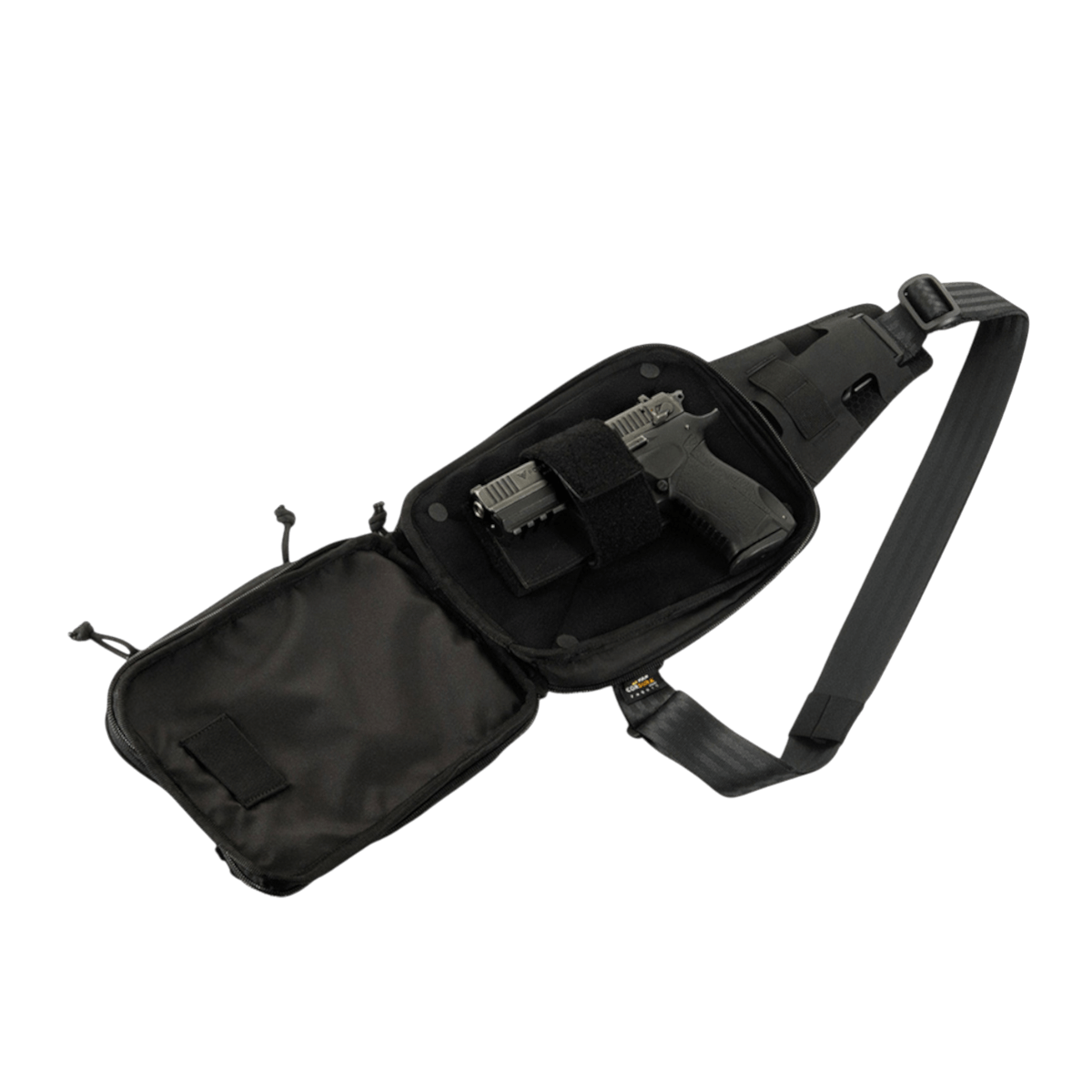 M-Tac Sling Pistoltaske Elite Hex i sort Cordura åbnet med pistol indeni, justerbar skulderrem, holdbart og stilfuldt design.