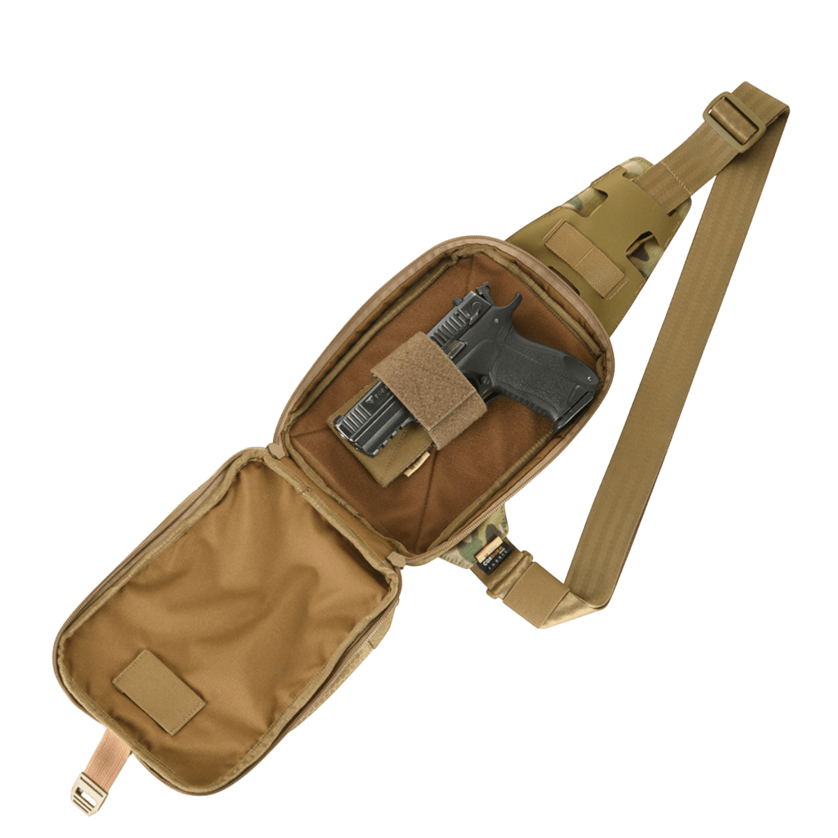 M-Tac Sling Pistoltaske Elite Hex med justerbar rem og rum til skjult våbenopbevaring, vises åben med indhold