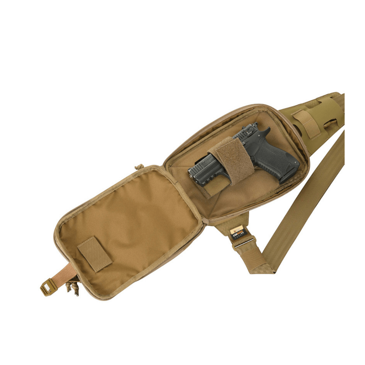 M-Tac Sling Pistoltaske Elite Hex med åbent rum, skjult pistol, justerbar skulderrem og holdbare materialer, ideel til diskret transport.