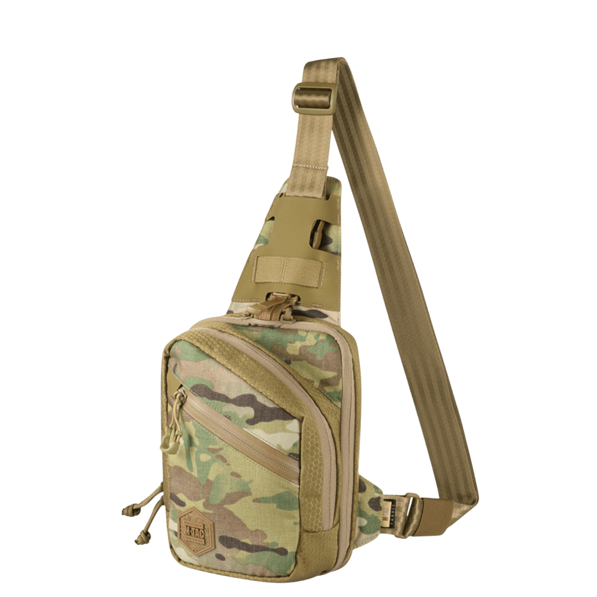Alt Tag: M-Tac Sling Pistoltaske Elite Hex i camouflage med justerbar skulderrem lavet af slidstærkt Cordura 1000D og Cordura Hex.