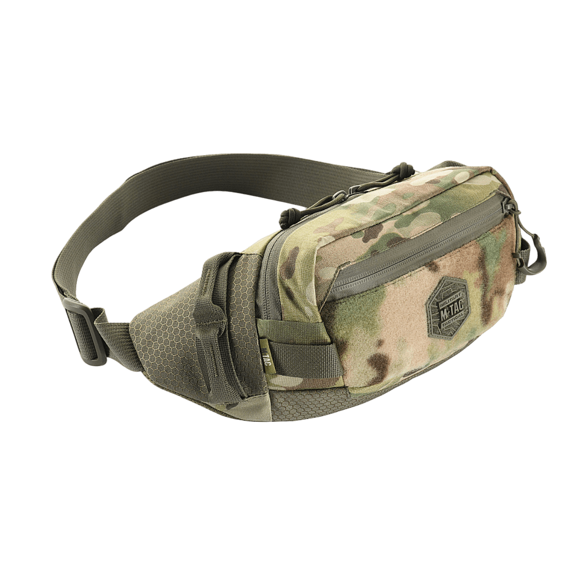M-Tac Bæltetaske Elite Hex i camouflage-design med Cordura-materiale og YKK-lynlåse, ideel til hverdagsbrug og taktisk udstyr.