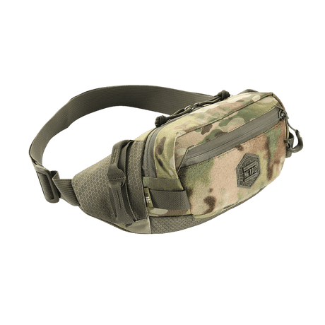 M‑Tac bältesväska Elite Hex i camouflagedesign med Cordura-material och YKK-dragkedjor, idealisk för vardagligt bruk och taktisk utrustning.