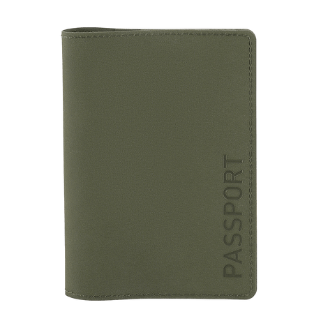 M‑Tac passfodral i grönt polymerkomposit med 'Passport'-tryck, skyddar pass mot slitage. Stilrent design med fack för plastkort.