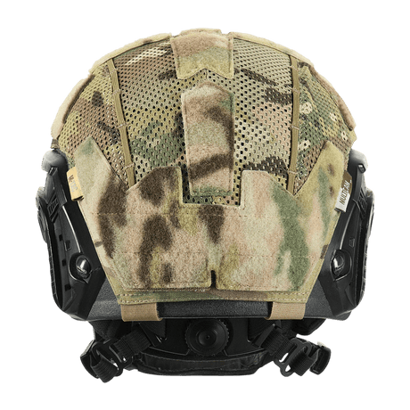 M‑Tac Hjelmcover Shroud Elite i MULTICAM design, monteret på en TOR-D hjelm, viser velcro-paneler og Cordura 500D materiale.