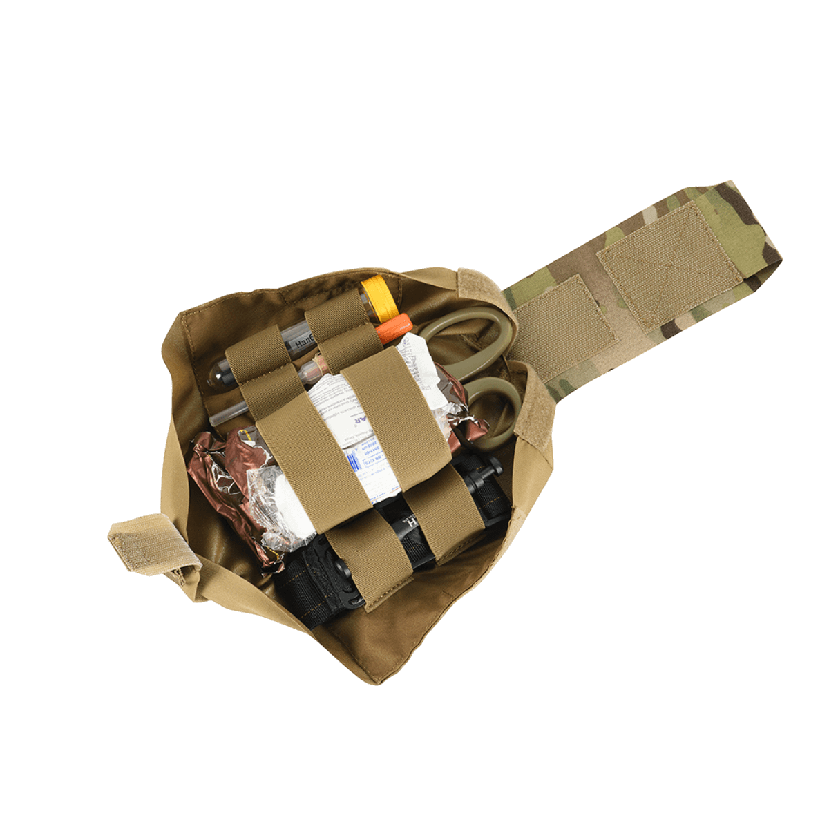 M‑Tac Medic Pouch Vertical Large Elite åbnet med førstehjælpsudstyr synligt, lavet af holdbart Cordura 500D.