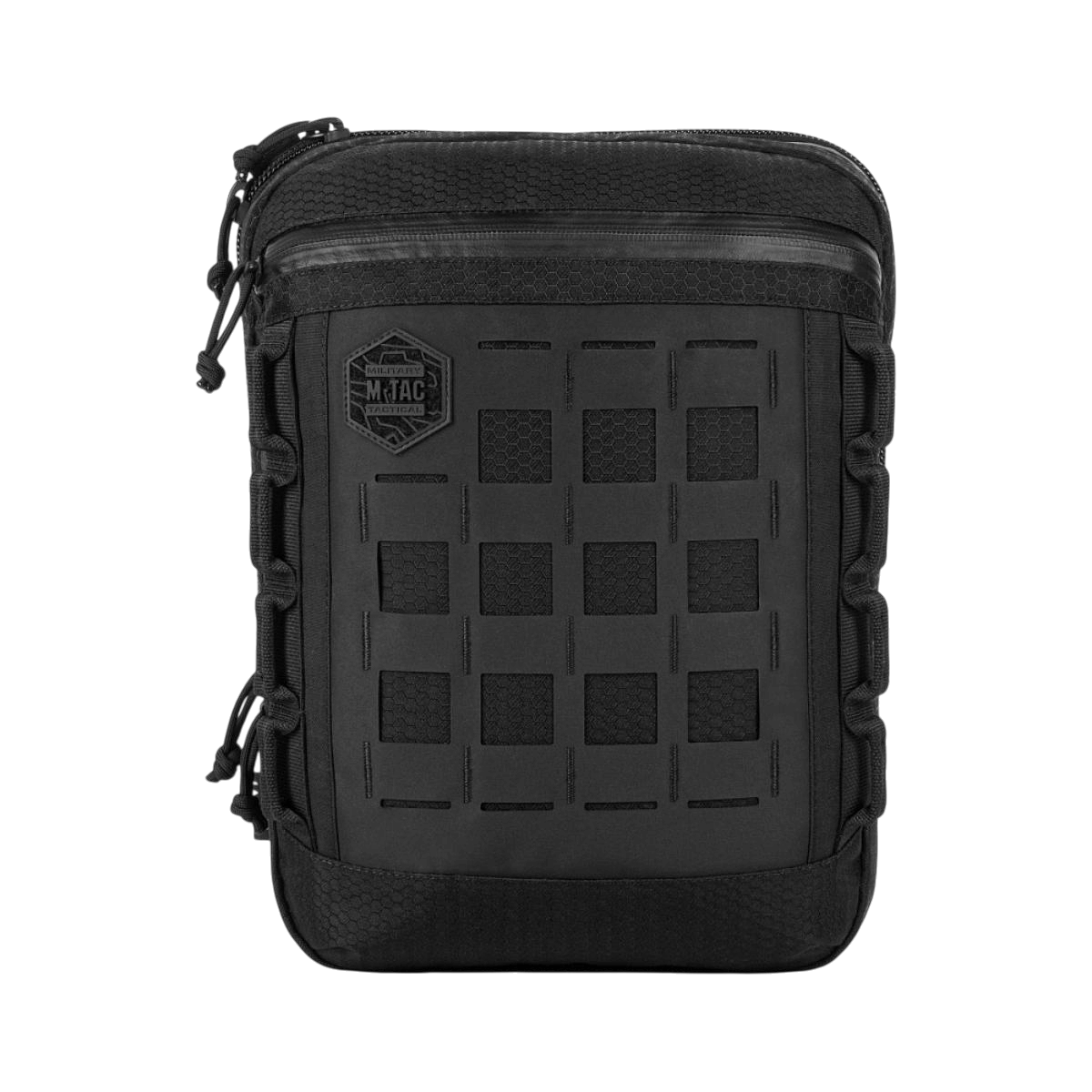 M-Tac Tablet Bag Laser Cut Hex i sort Cordura med Laser Cut MOLLE tilbehør, set forfra, ideel til EDC og tabletopbevaring.