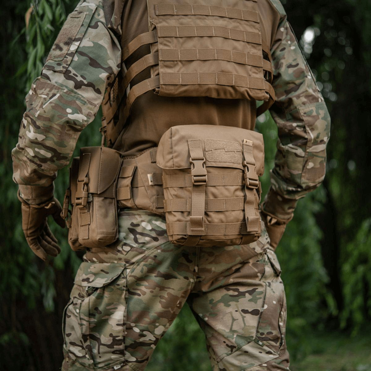 M-Tac Sukharka Gen.3 Pouch i brug på feltudstyr, robust Cordura 500D med MOLLE-interface og justerbart låg. Ideel til militær brug.