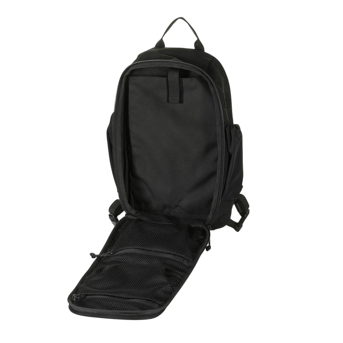 M-Tac STURM Elite Rygsæk åben, viser rummeligt hovedrum og elastiske sidelommer, perfekt til kortvarige feltture.