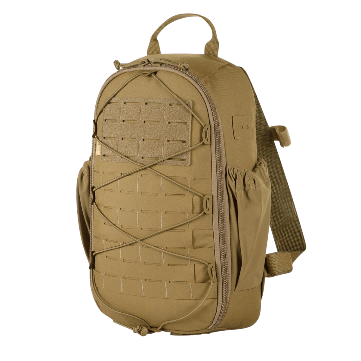 M-Tac STURM Elite Rygsæk i beige, 15L taktisk rygsæk med MOLLE Laser Cut frontpanel, Cordura materiale og elastiske sidelommer.