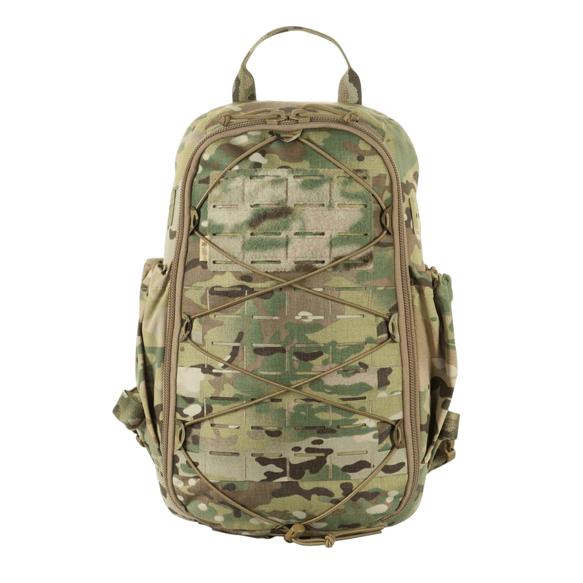 M-Tac STURM Elite Rygsæk i camouflage med MOLLE Laser Cut frontpanel og elastiske sidelommer, designet til feltbrug.