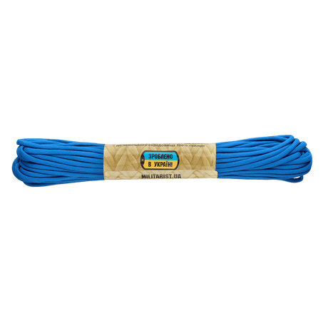 Blå M‑Tac Paracord 550 Type III 15 m nylonkordel, ideel til friluft og nødbrug, med 240 kg brudstyrke og 7 nylontråde kerne.