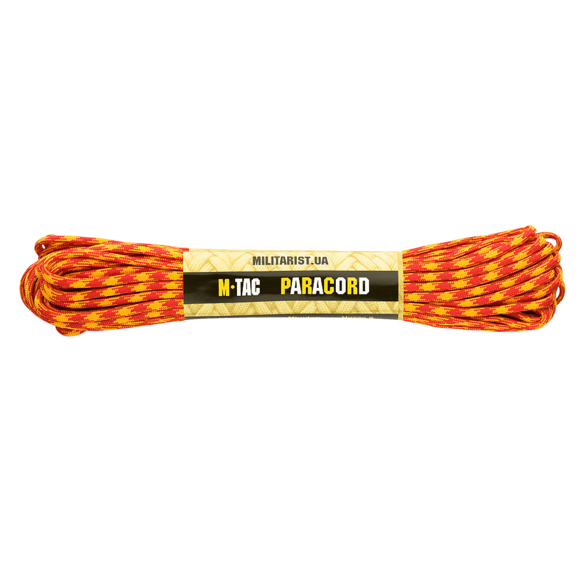 M‑Tac Paracord 550 Type III 15 m i orange og gul farve, stærk nylonkordel til udendørs og nødbrug. Længde 15 m, diameter 4 mm.