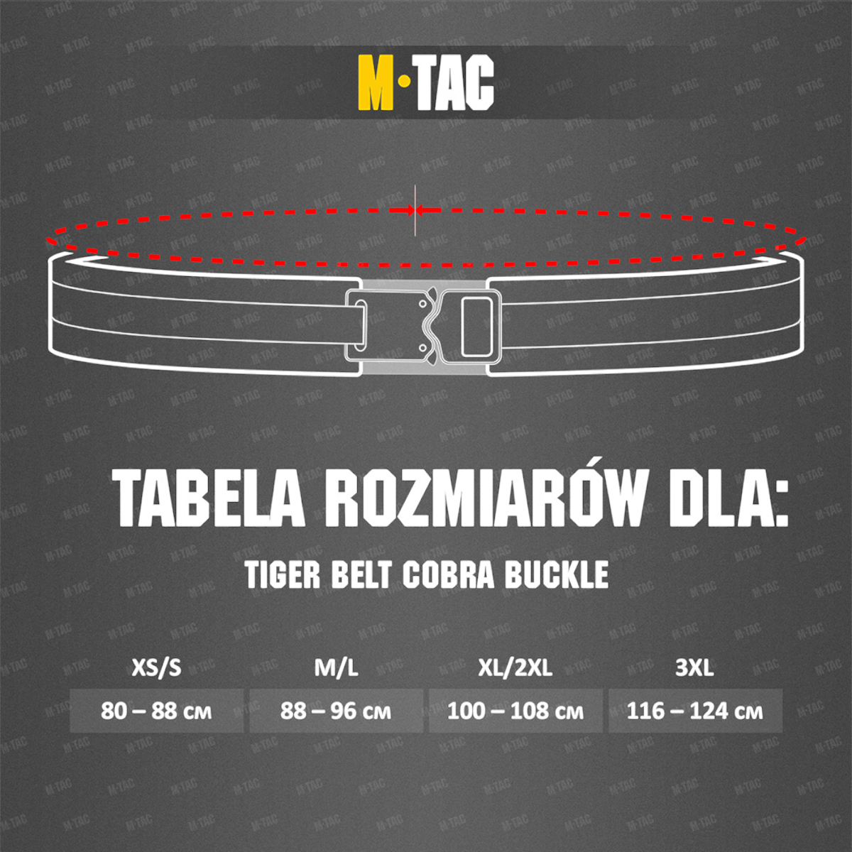 M-Tac Tiger Bælte Cobra Buckle størrelsesguide, militær taktisk bælte med nem fastgørelse og MOLLE-kompatibilitet.